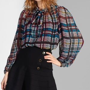 Shoshanna NWT Plaid printed chiffon Tie Neck blouse size M